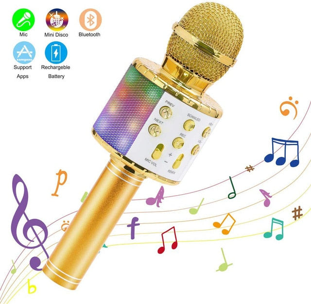 Wireless Karaoke Microphone Bluetooth Portable Speaker LED Lights Record Function for Kids