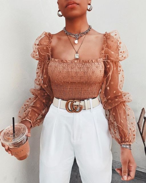 Mesh Sheer Blouse Chiffon Long Sleeve Top