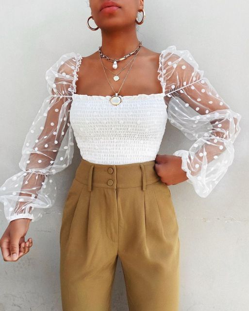 Mesh Sheer Blouse Chiffon Long Sleeve Top