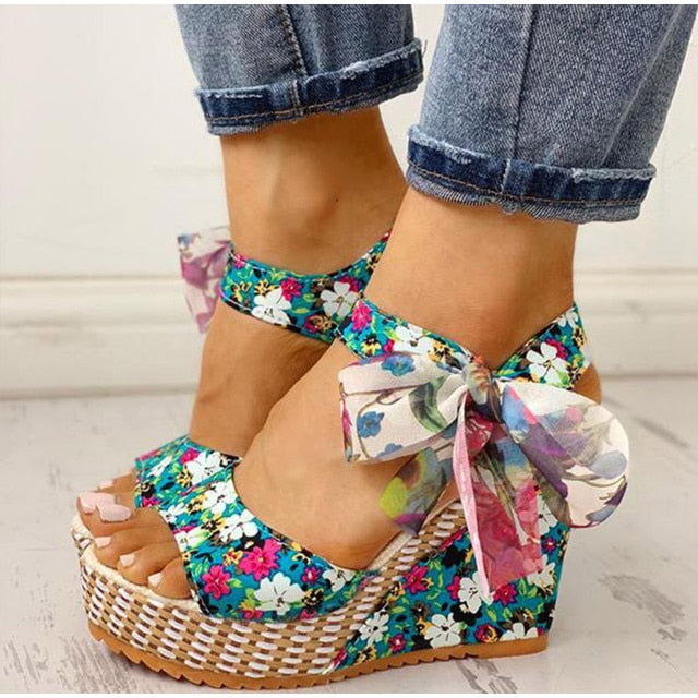 Beach Boho Floral Wedge Sandals