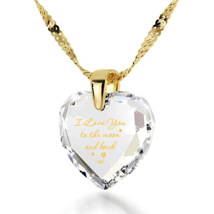 Gold Plated Silver I Love You to The Moon and Back Necklace 24k Gold Inscribed Heart Cubic Zirconia Pendant