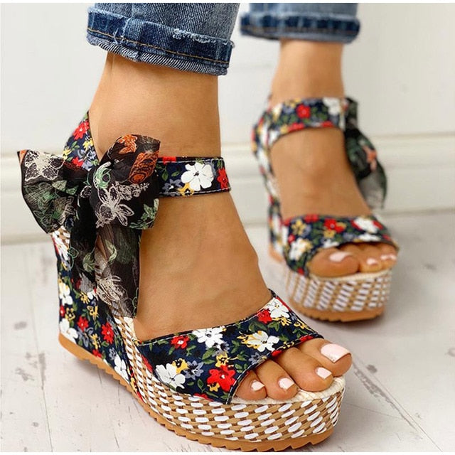 Beach Boho Floral Wedge Sandals