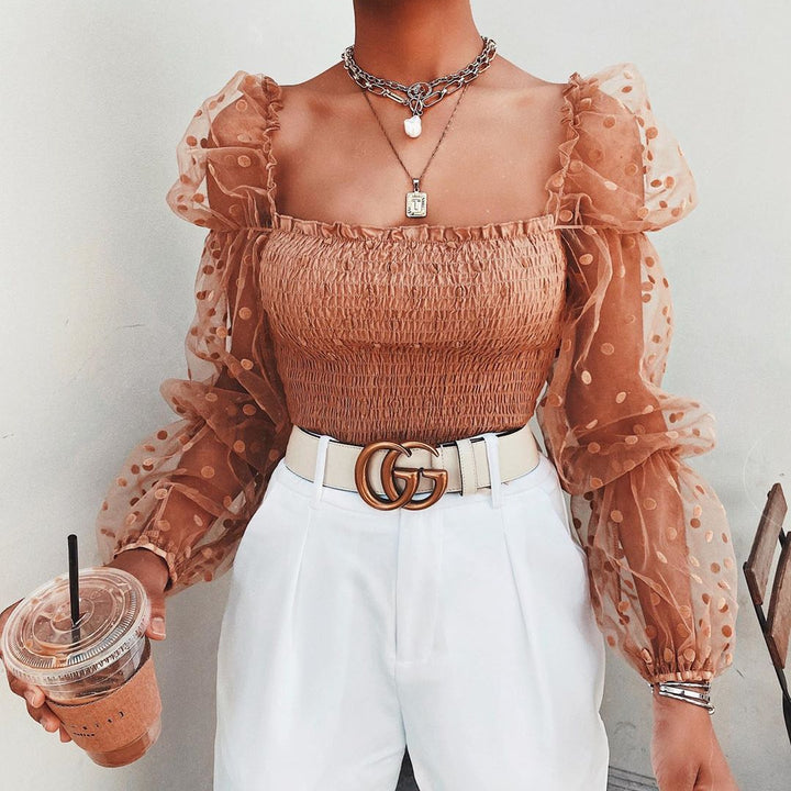 Mesh Sheer Blouse Chiffon Long Sleeve Top