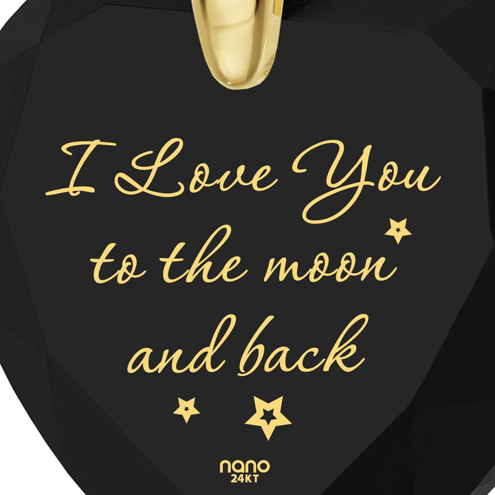 Gold Plated Silver I Love You to The Moon and Back Necklace 24k Gold Inscribed Heart Cubic Zirconia Pendant