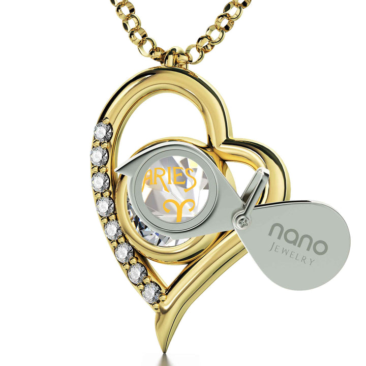 Gold Plated Silver Aries Necklace Zodiac Heart Pendant 24k Gold inscribed on Crystal