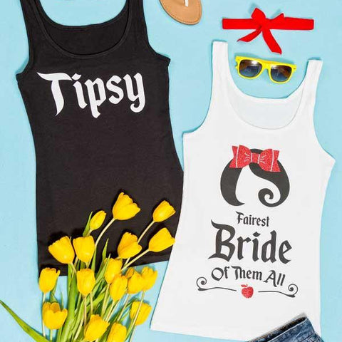 Whimsical Bachelorette Party Shirts | Snow Bride and the Seven Bridesmaids | Fitted Tanks