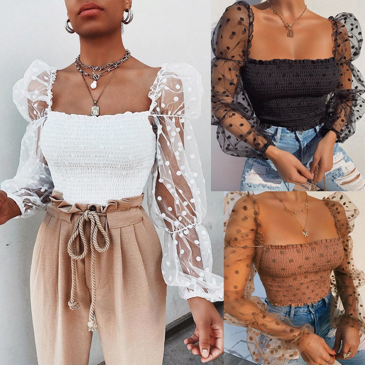 Mesh Sheer Blouse Chiffon Long Sleeve Top